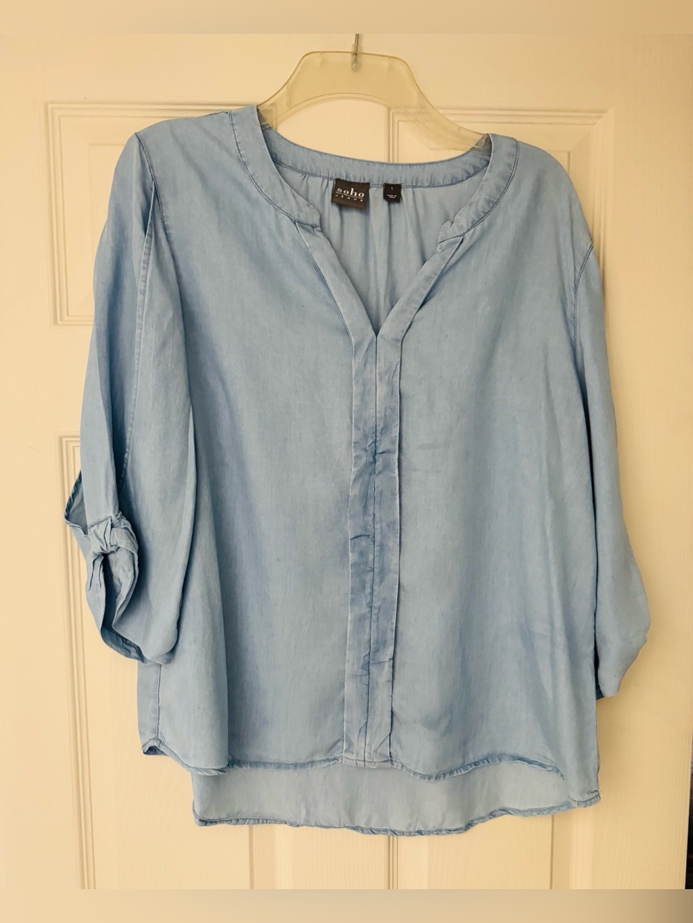 Soho - New York & Company Light  Blue Chambray Split-Neck Blouse / Size Large